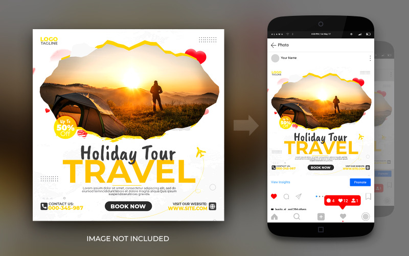 Modèle de conception de carré de publication Instagram et Facebook de médias sociaux d'aventure de voyage et de visite de vacances