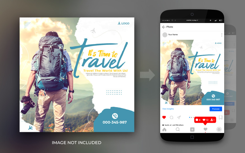 Modèle de conception de flyer carré Time To Travel Destination de rêve Instagram et Facebook Post