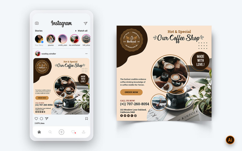 Plantilla de diseño de publicación de Instagram para redes sociales de cafetería-14