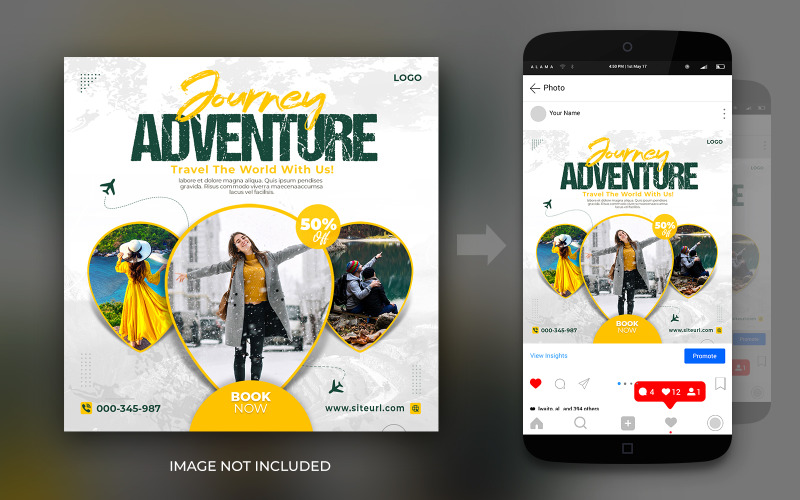 冒险旅行和旅游社交媒体 Instagram 和 Facebook 后广场传单设计模板