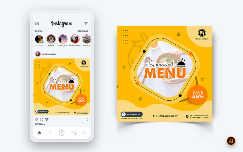 Еда и ресторан предлагает услуги скидок Дизайн поста в социальных сетях Template-43