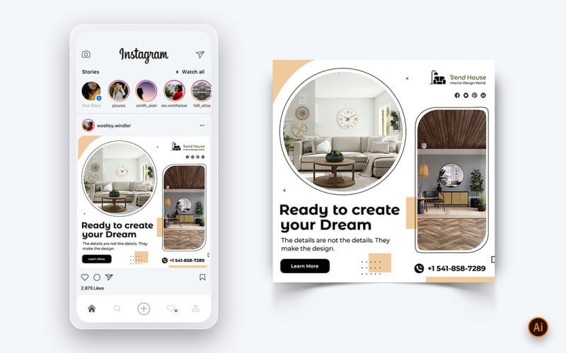 Дизайн интерьера и мебели в социальных сетях Instagram Post Design Template-18