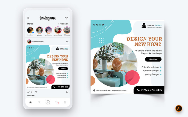 Дизайн интерьера и мебели в социальных сетях Instagram Post Design Template-23