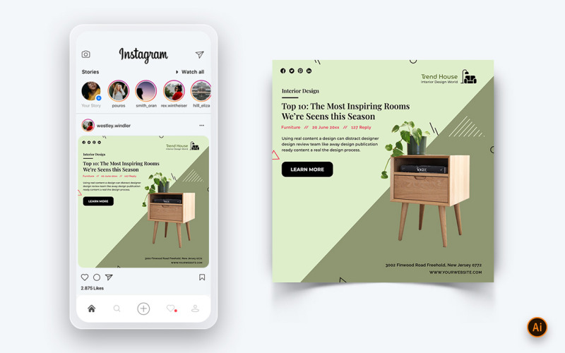 Дизайн интерьера и мебели в социальных сетях Instagram Post Design Template-29