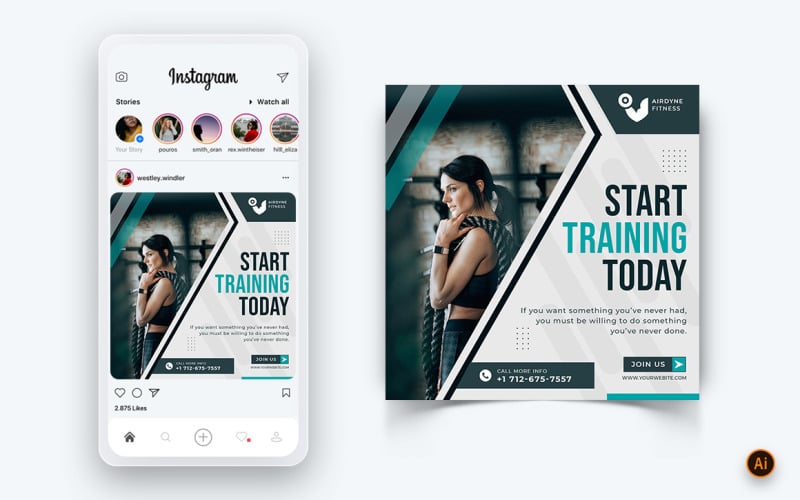 健身房和健身工作室社交媒体 Instagram 帖子设计模板-31