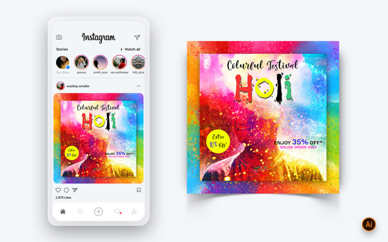Plantilla de diseño de publicación de Instagram para redes sociales Holi Festival-05