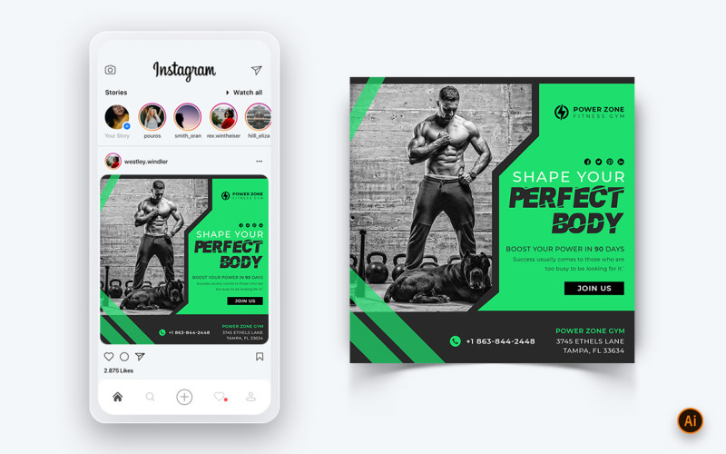 Sportschool en Fitness Studio Social Media Instagram Post ontwerpsjabloon-19