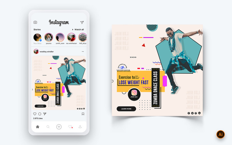Тренажерный зал и фитнес-студия Социальные сети Instagram Post Design Template-10