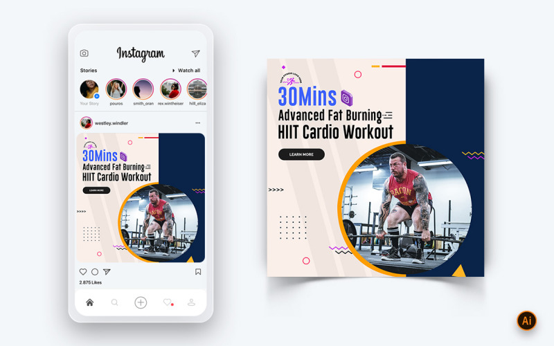 Тренажерный зал и фитнес-студия Социальные сети Instagram Post Design Template-12