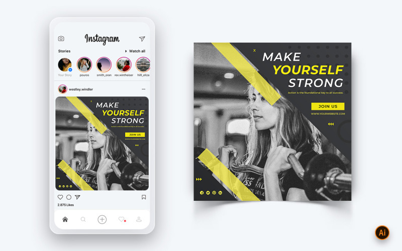 Тренажерный зал и фитнес-студия Социальные сети Instagram Post Design Template-21
