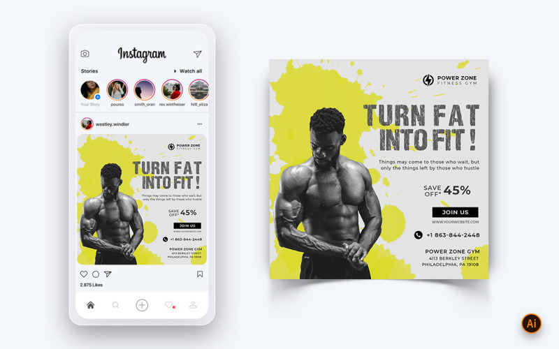 Тренажерный зал и фитнес-студия Социальные сети Instagram Post Design Template-22