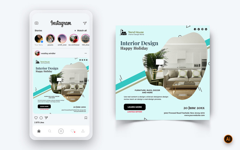 Design interiéru a nábytku Sociální média Šablona návrhu příspěvku Instagram-37