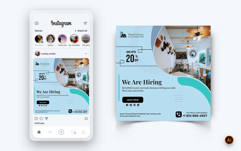 Дизайн интерьера и мебели в социальных сетях Instagram Post Design Template-42