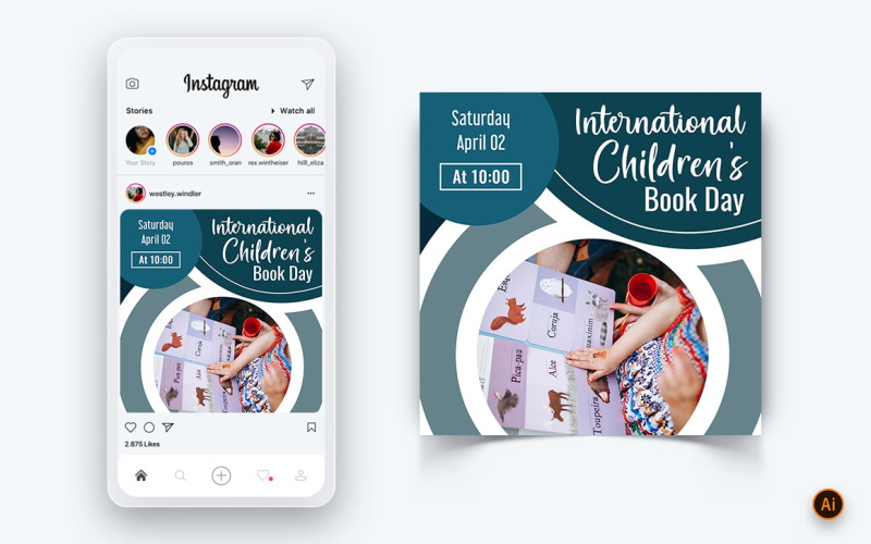 Internationale kinderboekendag sociale media Instagram post ontwerpsjabloon-12