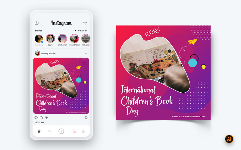 Plantilla de diseño de publicación de Instagram para redes sociales del Día Internacional del Libro Infantil-06