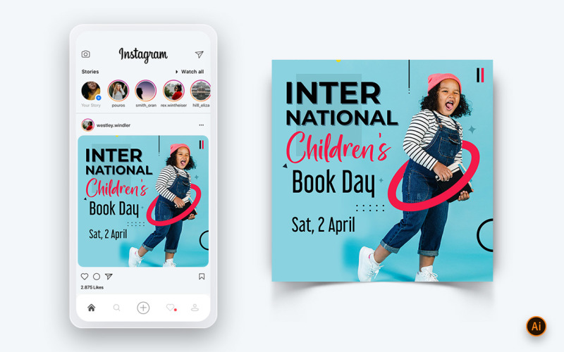 Plantilla de diseño de publicación de Instagram para redes sociales del Día Internacional del Libro Infantil-18