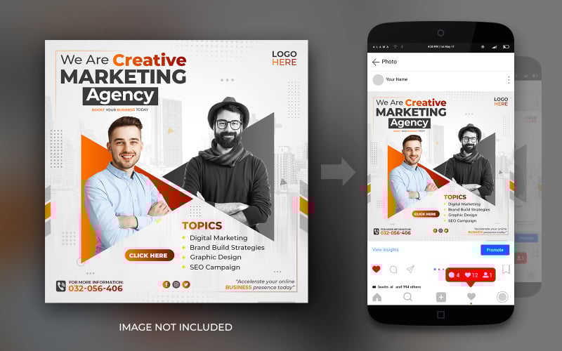 Közösségi média kreatív marketing ügynökség és webinárium Instagram és Facebook bejegyzés tervezősablon