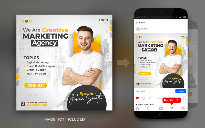 Kreatywna agencja marketingowa i webinar na żywo w mediach społecznościowych szablon projektu postu na Instagram i Facebook