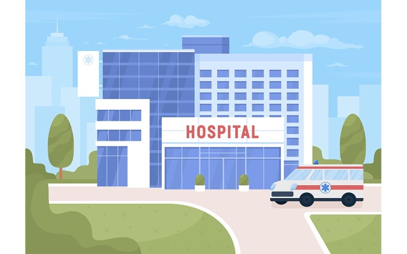 Ambulanza vicino all'ospedale sull'illustrazione della strada della città