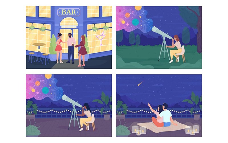 Cenas noturnas com conjunto de ilustrações de pessoas