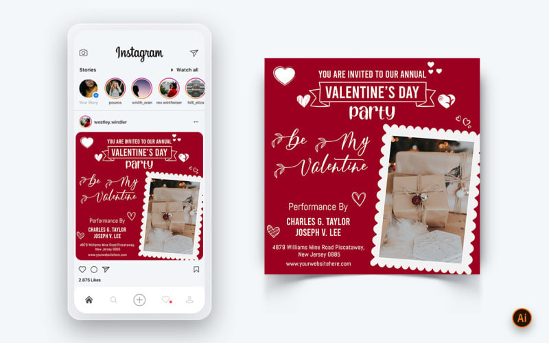 Modello di progettazione del post di Instagram dei social media per la festa di San Valentino-10