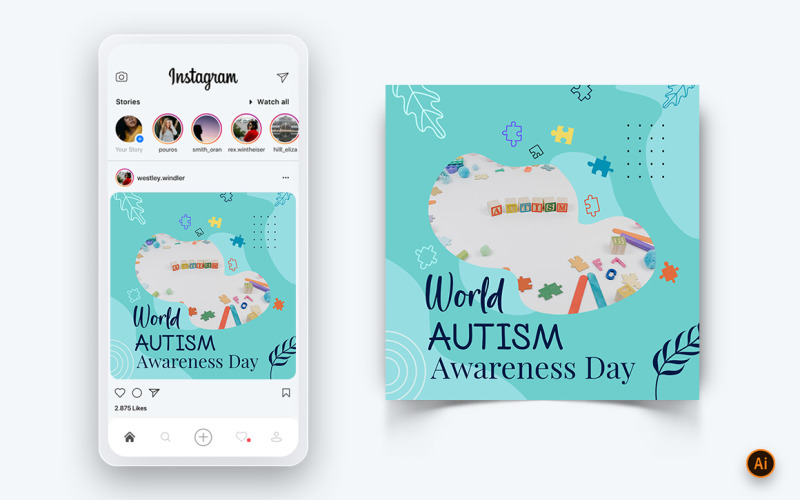 Plantilla de diseño de publicación de Instagram para redes sociales del Día Mundial de Concientización sobre el Autismo-05