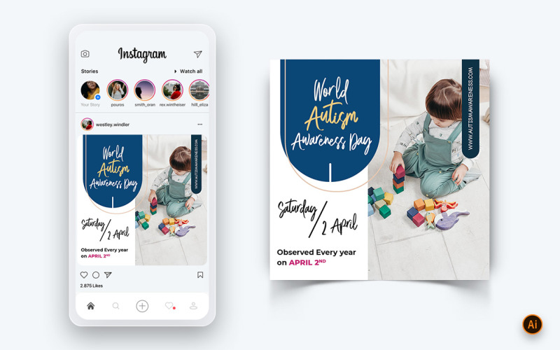 Plantilla de diseño de publicación de Instagram para redes sociales del Día Mundial de Concientización sobre el Autismo-16