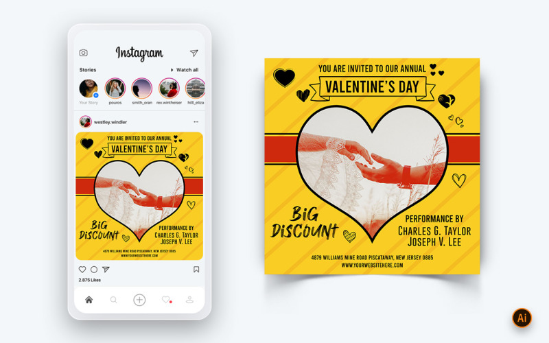 Valentines Day Party Sociální média Instagram Post Design Template-13