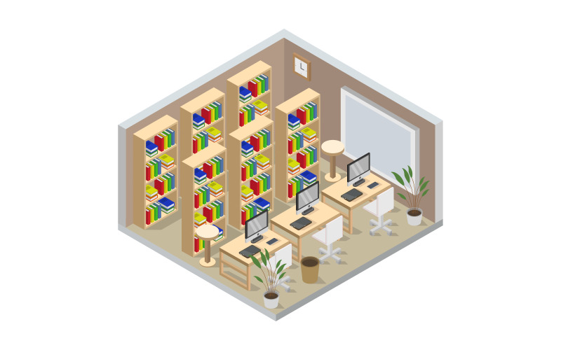 Izometrický pokoj knihovny znázorněný ve vektoru na bílém pozadí