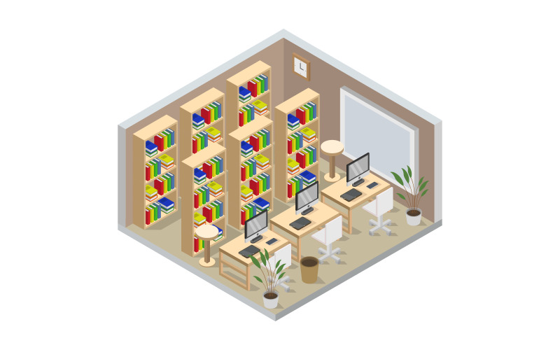 Sala de biblioteca isométrica ilustrada em vetor em um fundo branco