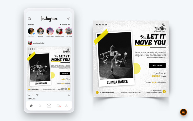 Modèle de conception de publication Instagram sur les réseaux sociaux Zumba Dance Studio-14