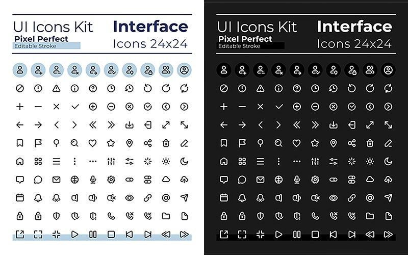Ícones de interface do usuário lineares de pixel perfeitos minimalistas e simples definidos para o modo escuro e claro