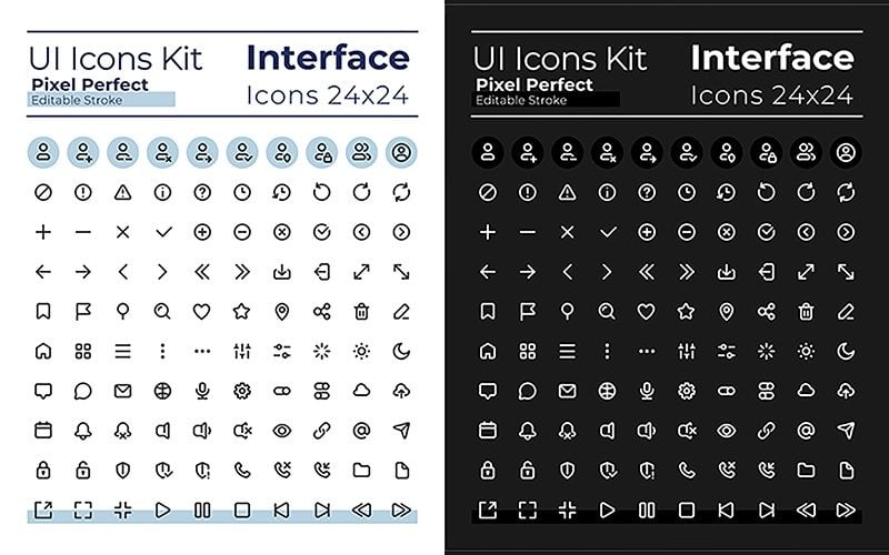Minimalistische und einfach aussehende, pixelgenaue, lineare UI-Symbole für den Dunkel- und Hellmodus