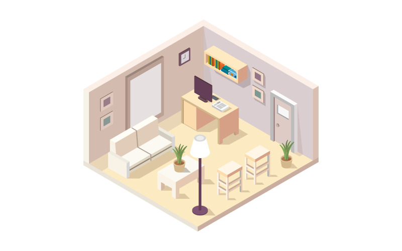 Sala de espera isométrica ilustrada em vetor no fundo