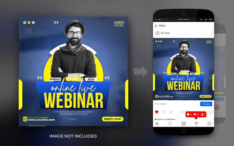 Webinar live di marketing sui social media e modello di progettazione di post aziendali su Instagram