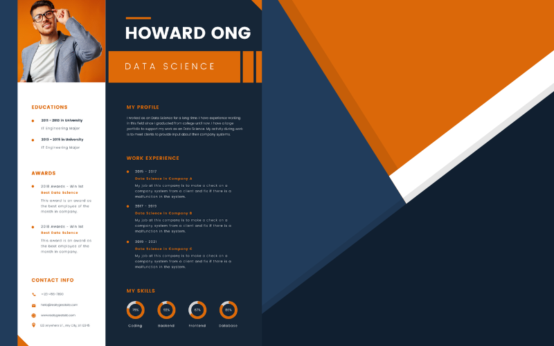 Curriculum vitae profesional de ciencia de datos azul marino y naranja