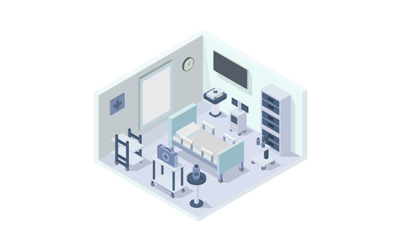 Ilustrador de vetor isométrico de quarto de hospital em segundo plano