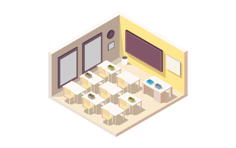Изометрический иллюстратор школьной комнаты в векторе на заднем плане