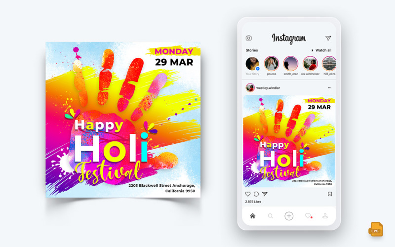 Conception de publication Instagram sur les médias sociaux du festival Holi-03