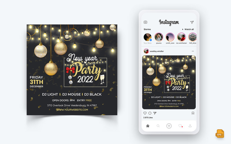 NewYear Party Night Celebration Modèle de conception de publication Instagram sur les médias sociaux-14