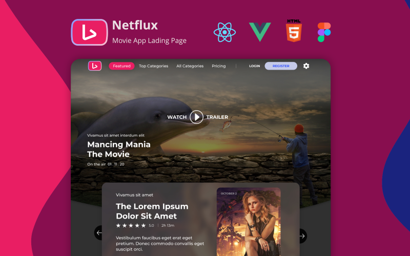 Netflux — приложение для потокового кино React Vue HTML и шаблон целевой страницы Figma
