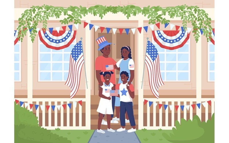 Famiglia felice che celebra l'illustrazione vettoriale a colori del giorno dell'indipendenza
