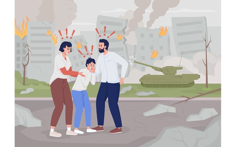 Familia aterrorizada en la ilustración de vector de ciudad destruida