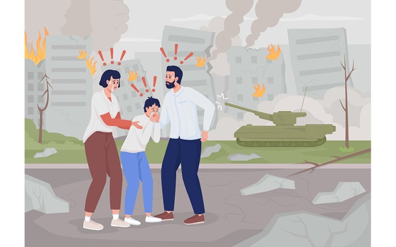 Famille terrifiée dans l'illustration vectorielle de la ville détruite