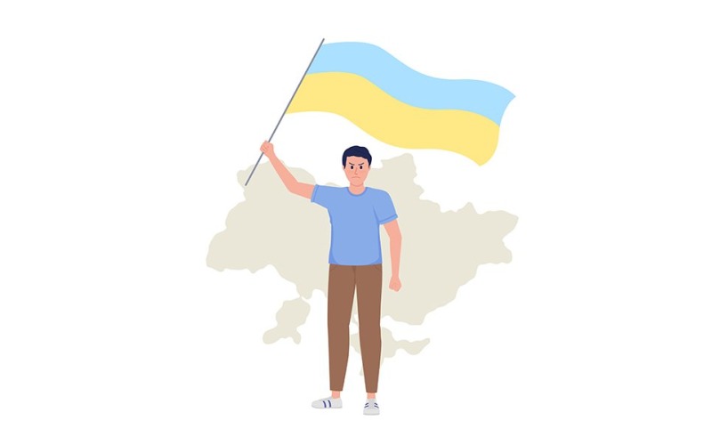 Homem segurando a ilustração isolada do vetor de bandeira ucraniana
