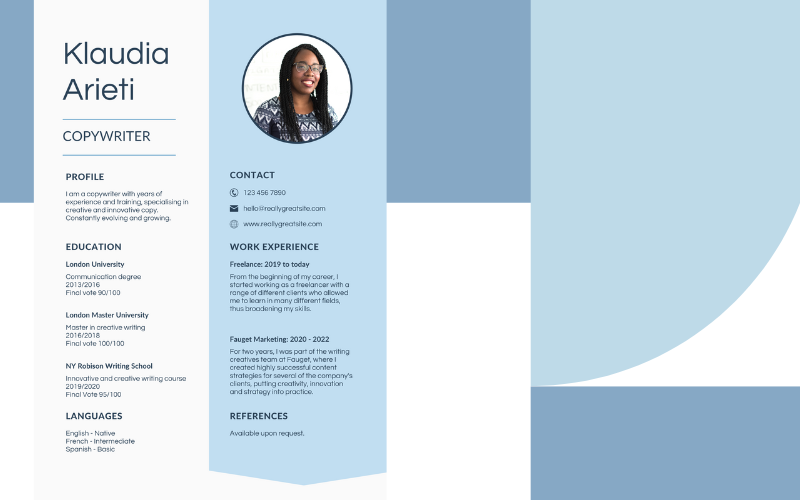 Modèle de CV de marketing numérique modifiable professionnel moderne bleu blanc