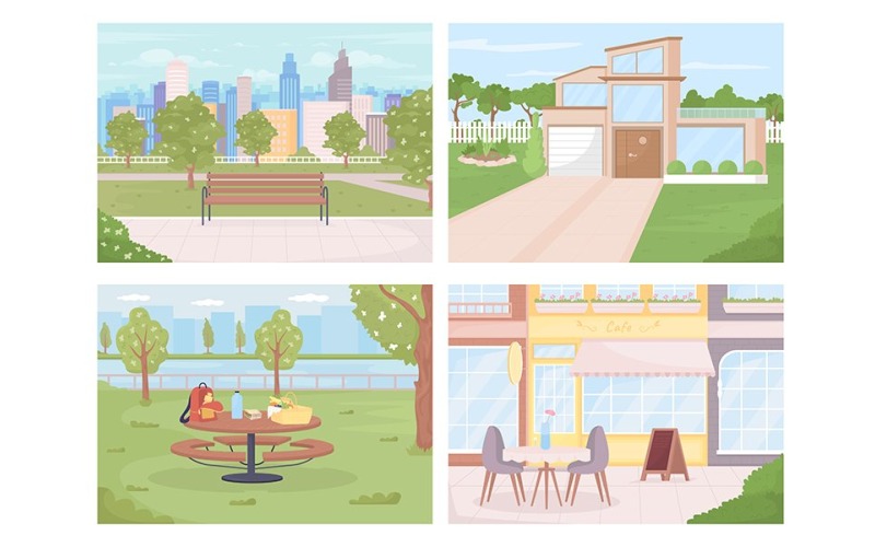 Espaces publics de la ville pour l'ensemble d'illustrations vectorielles de détente