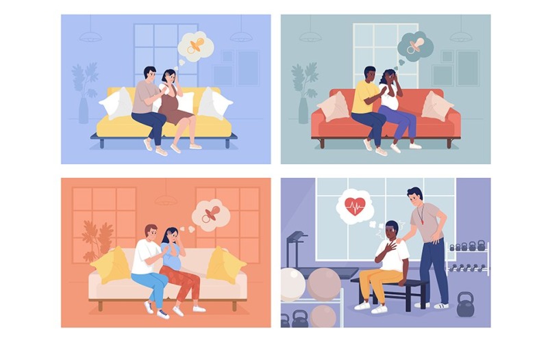 Geruststellend tijdens paniek aflevering kleur vector illustratie set