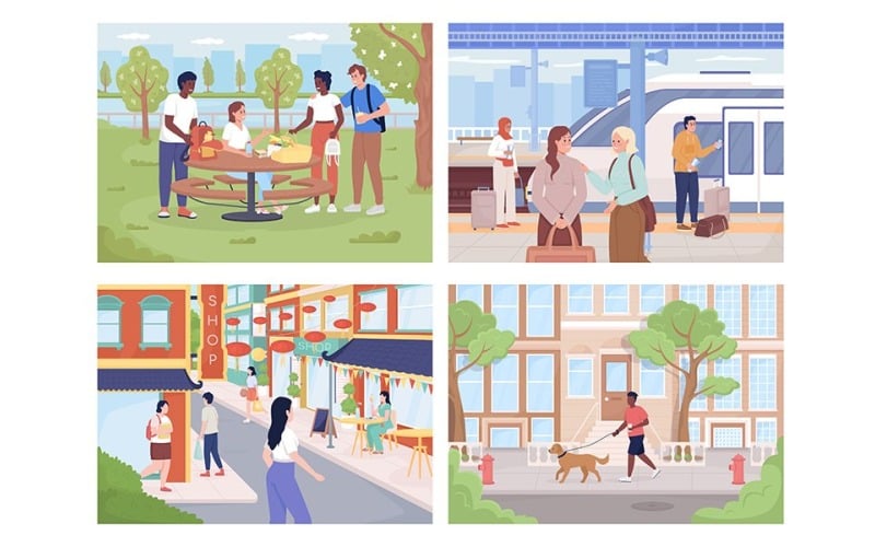 Жизнь в современном городе с плоским цветовым векторным набором иллюстраций