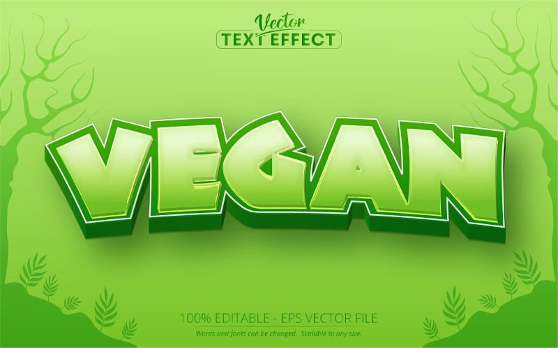 Veganistisch - bewerkbaar teksteffect, groene cartoon-tekststijl, grafische illustratie